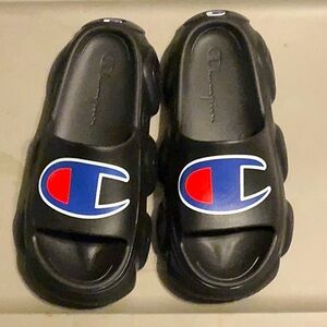 Champion men Black Slides with Red and Blue Logo